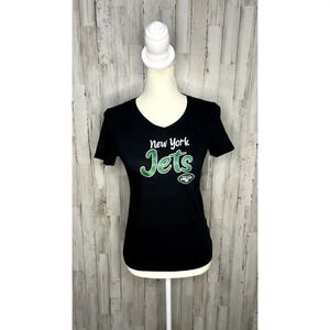 NWT‎ New York Jets Youth Girl's Black V-Neck T-Shirt Sparkly Logo Size Large